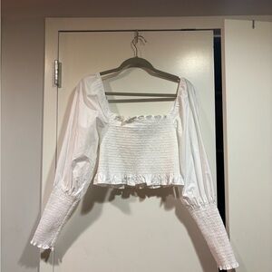 Hill House White Smocked Long-Sleeve Crop Top
